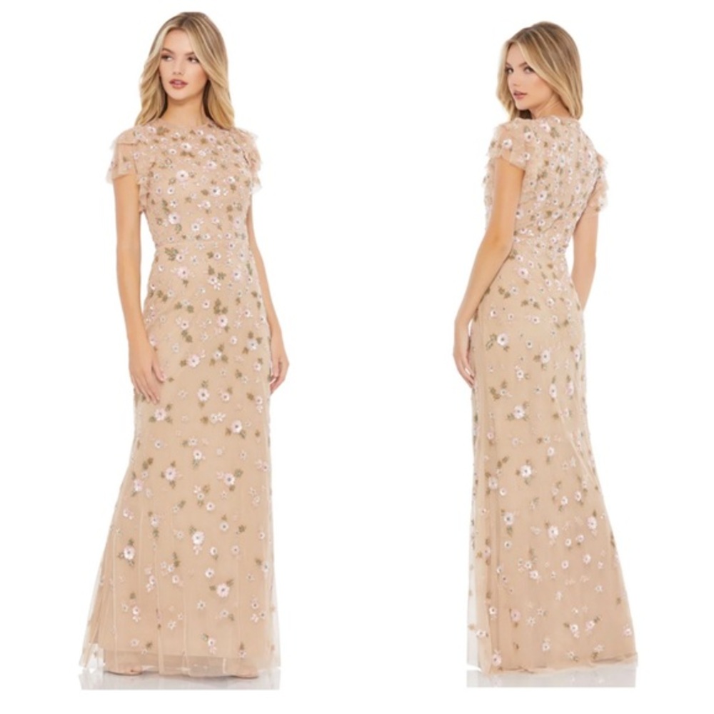MAC DUGGAL FLORAL EMBELLISHED HIGH NECK FLUTTER SLEEVE GOWN